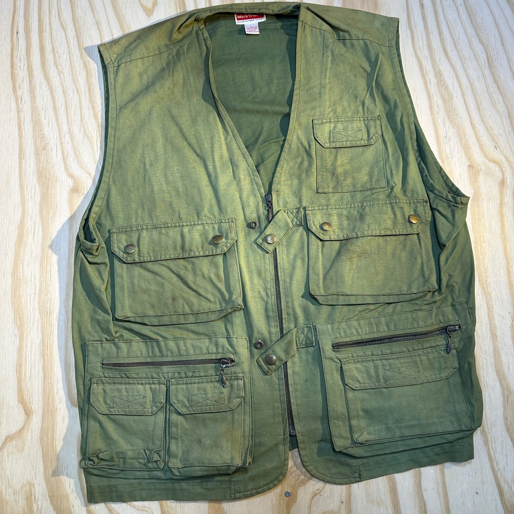 Work'n Gear Mens XL Green Cotton Utility Fishing Photography Vest Multi-Pocket
